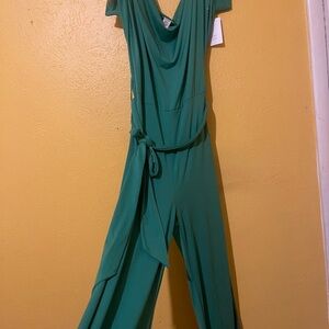 Vibrant Green Jumpsuit with Cowl Neck and Wide-Leg Design